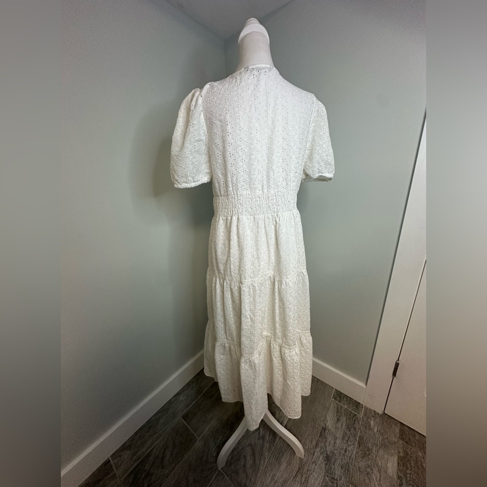 Zara White Lace Eyelet Boho Coastal Cottagecore Prairie Midi Dress Size Large - Picture 8 of 17